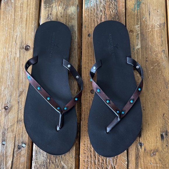 Brown Flip Flops with Turquoise Accents - Picture 1 of 3